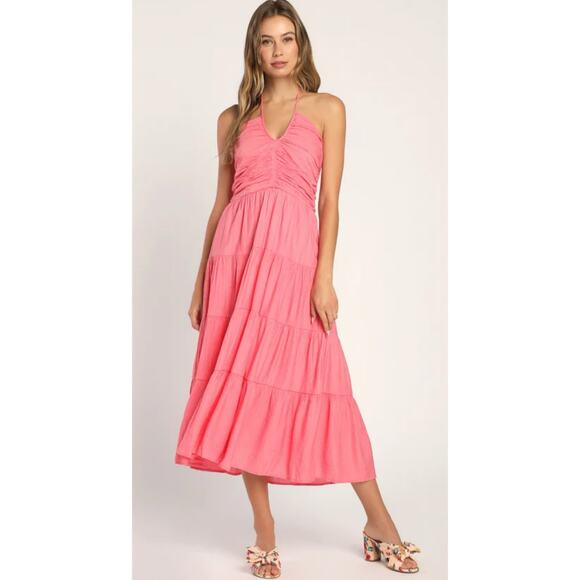 Lulus Dresses & Skirts - Lulus Chasing Sun Pink Tiered Keyhole Halter Midi Dress Vacation Beach M New